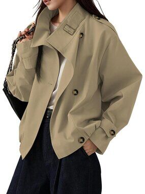 Women's Khaki Retro Oversized Funnel Neck Pocket Windbreaker Cropped Trench Coat